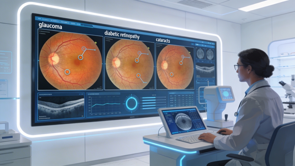 AI system analyzing retinal images to detect glaucoma, diabetic retinopathy, and cataracts