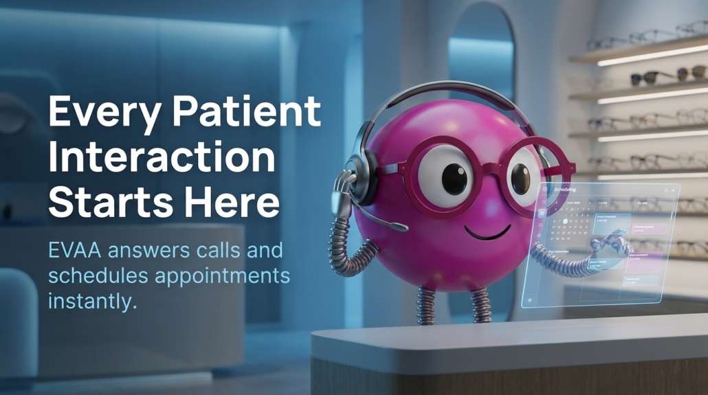EVAA AI assistant answering calls and scheduling patient appointments in an eye care clinic