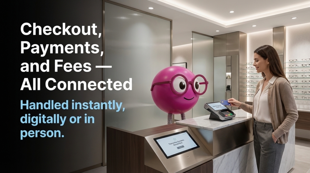 EVAA AI assistant handling patient checkout and payments at an eye care clinic front desk
