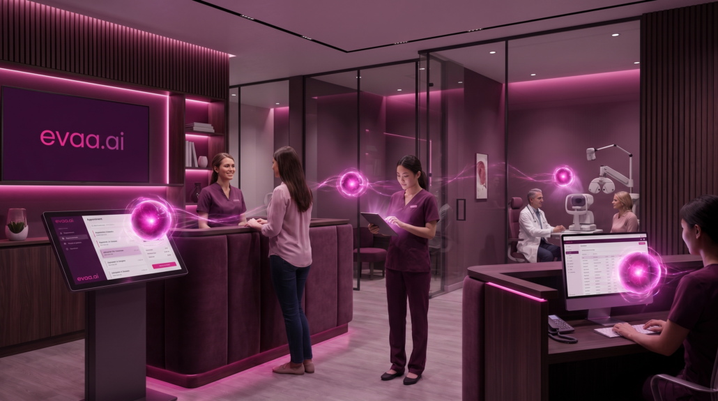Modern eye care practice with glowing magenta AI energy orbs connecting patient intake, clinical workflows, diagnostics, and billing systems across a unified EVAA AI ecosystem.