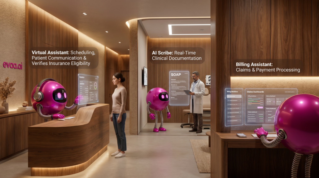 Modern ophthalmology clinic featuring magenta AI assistant orbs managing patient scheduling, clinical documentation, and billing workflows within an integrated EVAA AI ecosystem.