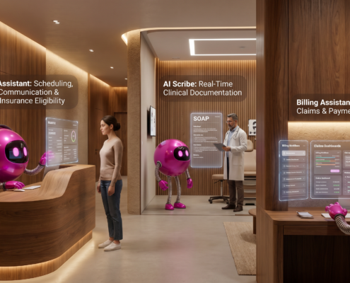 Modern ophthalmology clinic featuring magenta AI assistant orbs managing patient scheduling, clinical documentation, and billing workflows within an integrated EVAA AI ecosystem.
