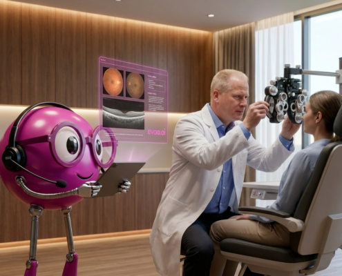 Eye doctor Dr. Jay Henry performs an eye exam on a patient while EVAA, an AI-powered assistant, reviews retinal imaging and clinical information on a tablet in a modern optometry practice.
