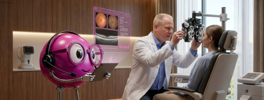 Eye doctor Dr. Jay Henry performs an eye exam on a patient while EVAA, an AI-powered assistant, reviews retinal imaging and clinical information on a tablet in a modern optometry practice.