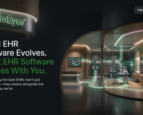 Cover image for the MaximEyes audiobook "Good EHR Software Evolves. Great EHR Software Evolves With You," featuring a modern eye care practice with connected workflow pathways and EHR technology.