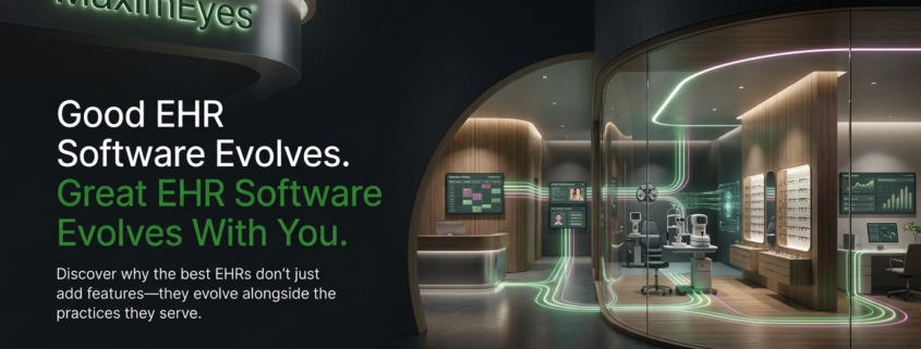 Cover image for the MaximEyes audiobook "Good EHR Software Evolves. Great EHR Software Evolves With You," featuring a modern eye care practice with connected workflow pathways and EHR technology.