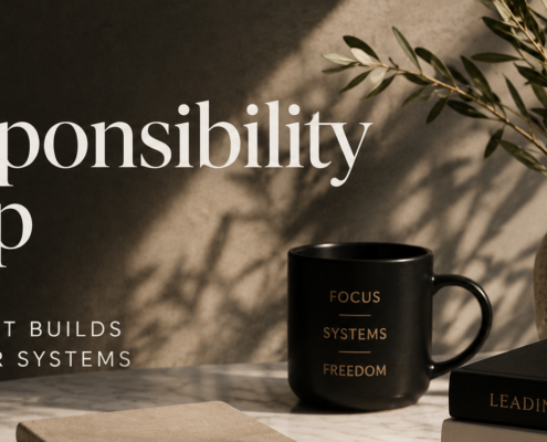 A minimalist workspace featuring a notebook, coffee mug, books, and olive branches beside the title "The Responsibility Trap," symbolizing trust, delegation, and building stronger systems.