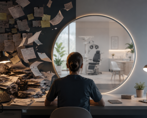 A healthcare professional sits at a desk divided between chaos and calm, with stacks of paperwork and flying documents on one side and a bright, organized eye care practice on the other, symbolizing the transition from manual workflows to integrated automation.