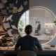 A healthcare professional sits at a desk divided between chaos and calm, with stacks of paperwork and flying documents on one side and a bright, organized eye care practice on the other, symbolizing the transition from manual workflows to integrated automation.