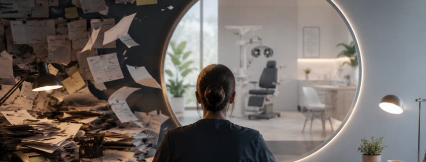 A healthcare professional sits at a desk divided between chaos and calm, with stacks of paperwork and flying documents on one side and a bright, organized eye care practice on the other, symbolizing the transition from manual workflows to integrated automation.