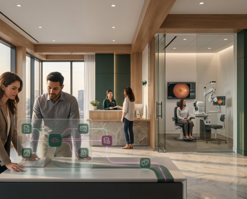 Modern eye care practice using connected EHR software to streamline patient scheduling, documentation, billing, and clinical workflows across the practice.