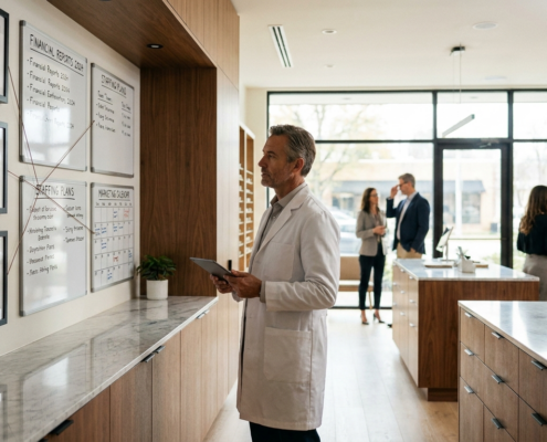 Optometrist reviewing business strategy and operations inside a modern optical practice while staff assist patients.