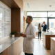 Optometrist reviewing business strategy and operations inside a modern optical practice while staff assist patients.
