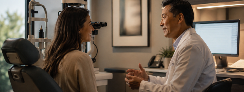 Eye care physician speaking with a patient in a modern exam room