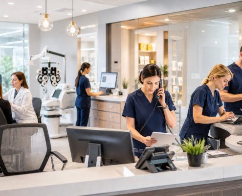 Eye care practice staff working together at the front desk and with patients in a modern optometry office