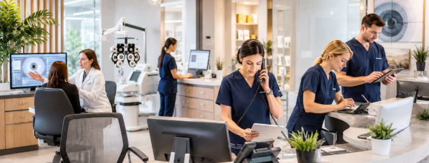 Eye care practice staff working together at the front desk and with patients in a modern optometry office