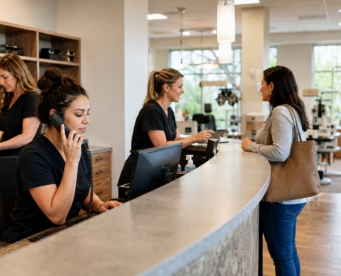 Busy eye care practice front desk with staff answering phones, checking in a patient, and sorting eyewear frames