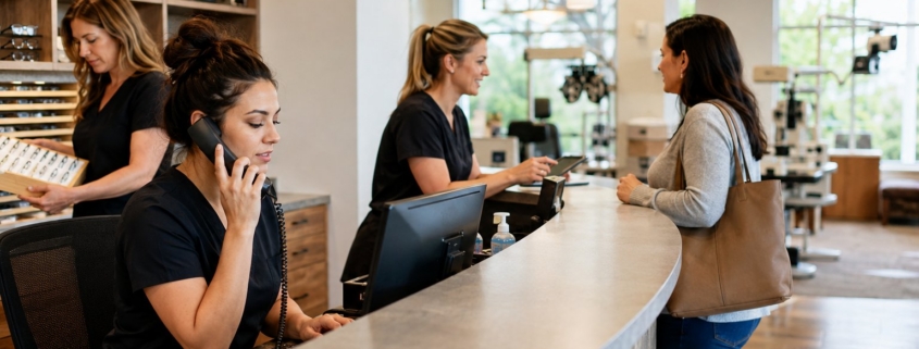 Busy eye care practice front desk with staff answering phones, checking in a patient, and sorting eyewear frames