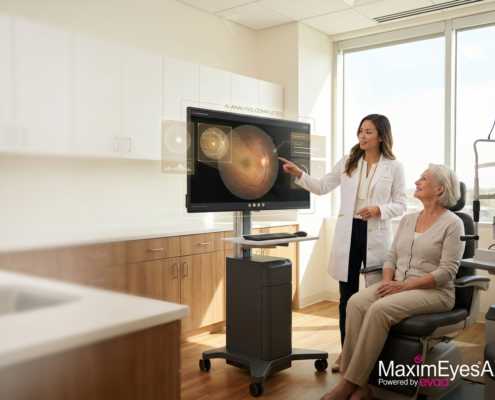 Eye doctor reviewing AI-assisted retinal imaging with a patient during an eye exam in a modern optometry practice.