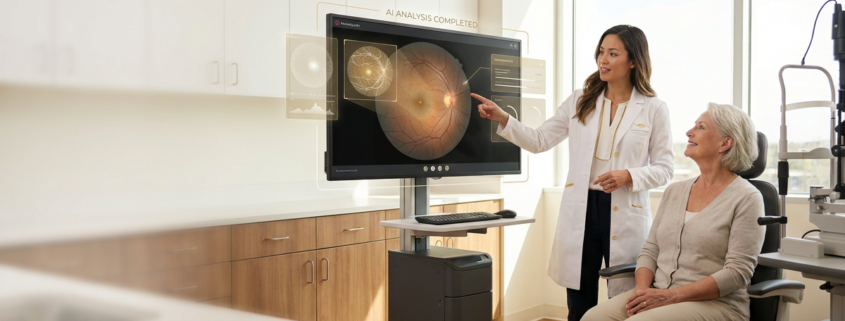 Eye doctor reviewing AI-assisted retinal imaging with a patient during an eye exam in a modern optometry practice.
