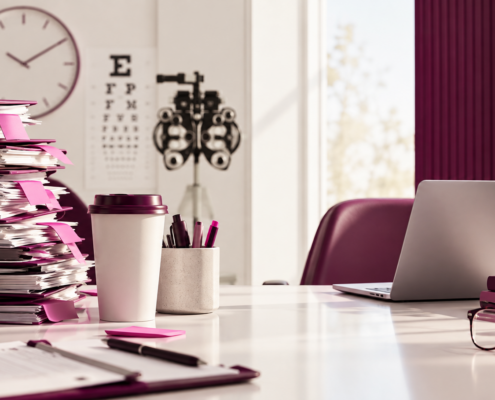 Busy eye care desk contrasted with calm workspace