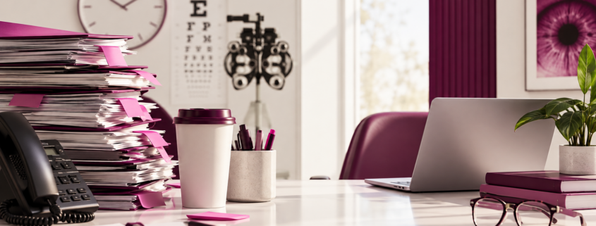 Busy eye care desk contrasted with calm workspace